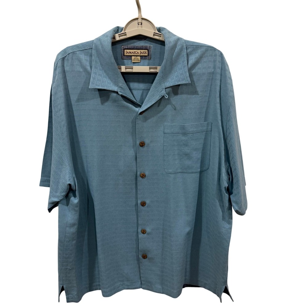 Jamaica Jaxx Mens Large 100% Silk Short Sleeve Button Up Shirt Blue Windowpane